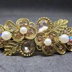 Vintage Gold-Tone Hair Clip with Champagne Rhinestones and Pearls 9.5cm