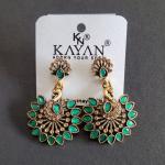 Gold Plated Peacock Design Earrings with Green|Baby Pink and Brown Stones