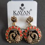Elegant Peacock Design Earrings with Red and Yellow Enamel Accents